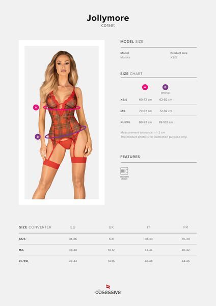 Корсет Obsessive Jollymore corset, M/L, у клітинку, з мереживом, пажі для панчіх, стрінги в комплекті SX1150 фото