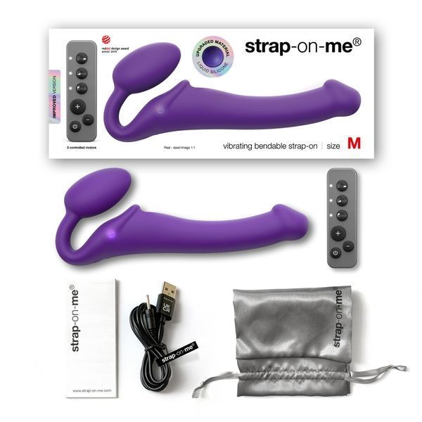 Безремінний страпон з вібрацією Strap-On-Me Vibrating Violet M, діаметр 3,8 см, пульт ДК, регульований SO3825 фото