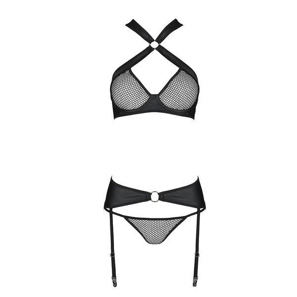 Сітчастий набір AMANDA SET S/M, Black, бюстгальтер з халтером, трусики та пояс для панчох SO5322 фото