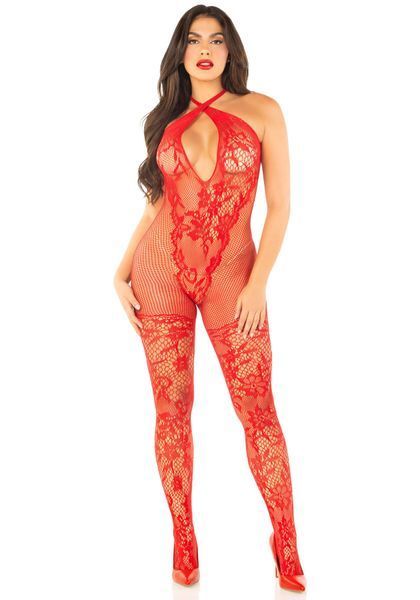 Бодістокінг з глибоким декольте Leg Avenue Seamless Net and Lace Lingerie Jumpsuit One Size, Red SX1758 фото