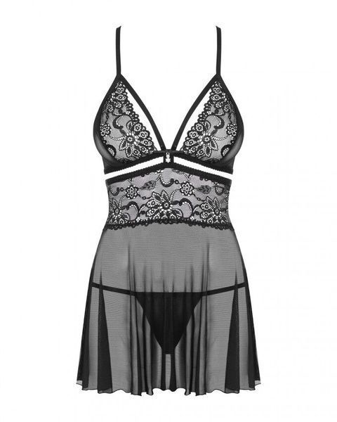 Еротичний мереживний комплект із сіточкою Obsessive 838-BAB-1 babydoll & thong black XXL, чорний, пе SO7183 фото