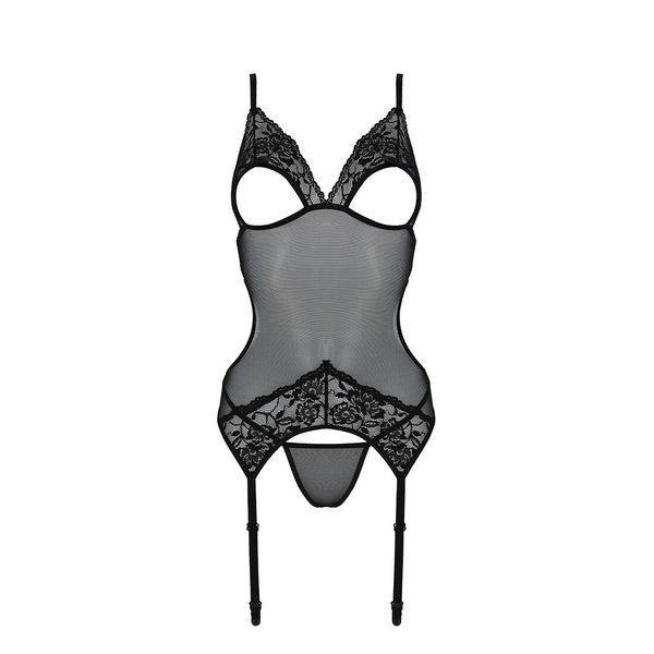Корсет із підв&rsquo;язками та ажурним ліфом Passion CHRISTA CORSET S/M, black, стрінги в комплекті SO5757 фото