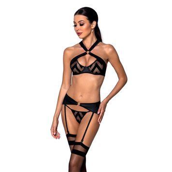 Сітчастий набір з візерунком Passion HIMA SET S/M, Black, бюстгальтер, трусики, пояс для панчіх SO5353 фото